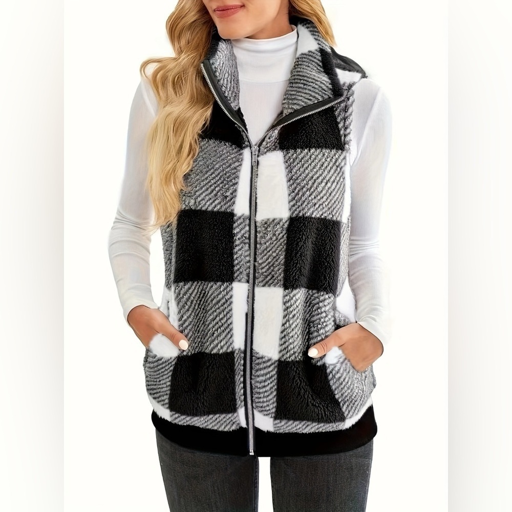 Plus Size Cozy Plaid Fleece Vest Coat
